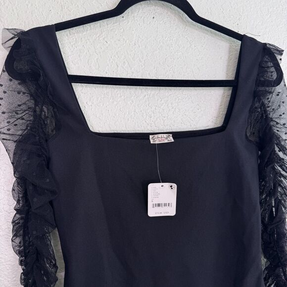 Free People Bodysuit Womens Small Sheer Polka Dot Ruched Sleeves Top Party NEW - Picture 2 of 8